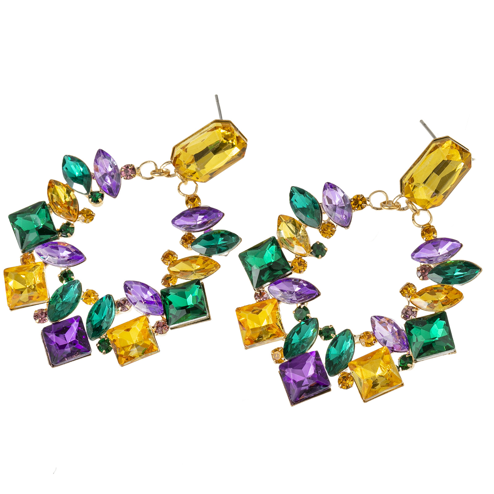 New European and American fashion cross-border retro best-selling colorful flower rhinestone earrings, square pendants, exaggerated style and personalized earrings wholesale Specification drawing