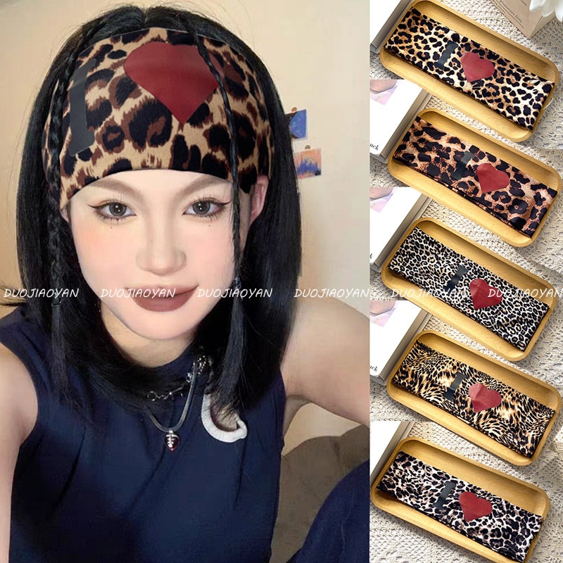 Valentine's Day heart-shaped printed hair band, retro leopard print spicy girl headscarf, high-end, elastic and versatile sports hair band full figure