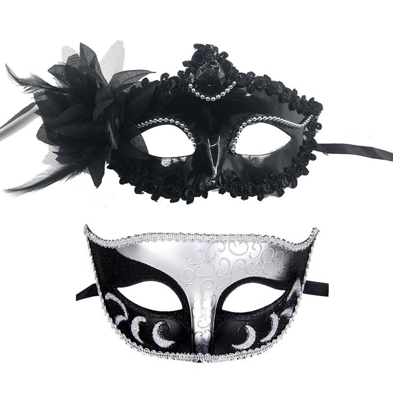 Eight Venetian masks decorated with black lace, feather, flower and metal. The black and white color combination is magnificent Item Picture