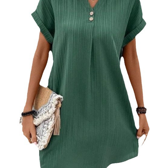 Cross-border European and American women's clothing 2023 new Amazon V-neck solid color pullover comfortable Casual button dress Item Picture