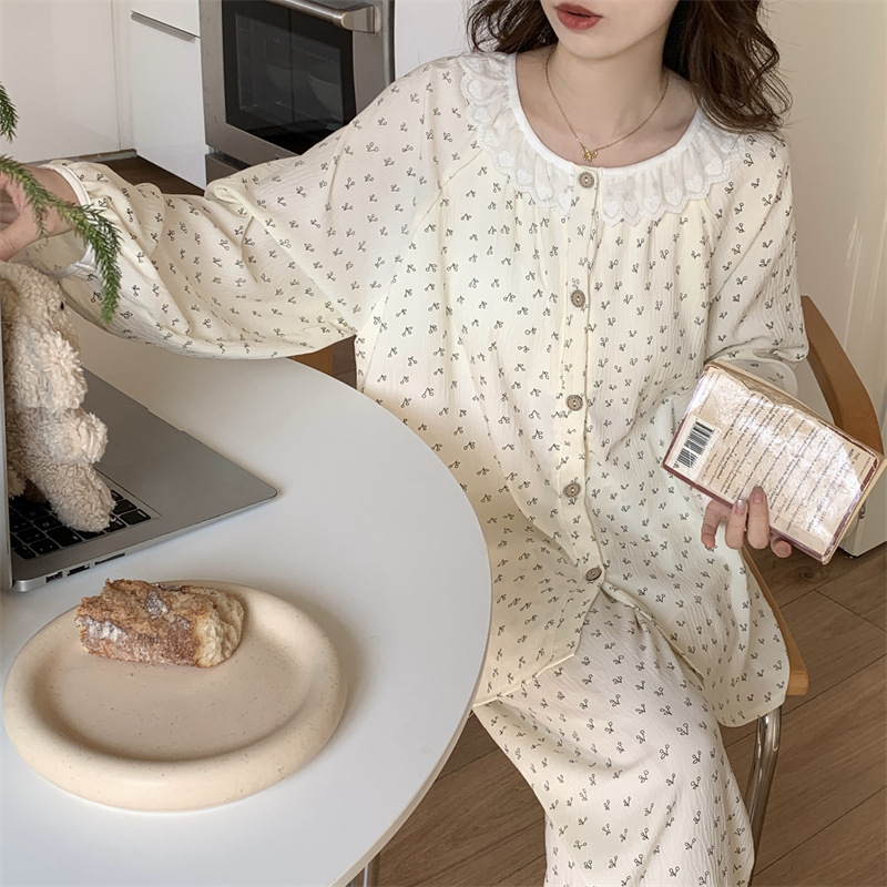 Korean style ins country-style pajamas for women, thin and sweet lace long-sleeved and long pants set for women, fresh floral home wear Specification image