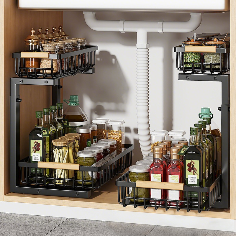 Multi-layer black metal kitchen storage rack, pull-out basket, oil, salt, soy sauce and vinegar storage rack, kitchenware organization rack, multi-functional storage rack