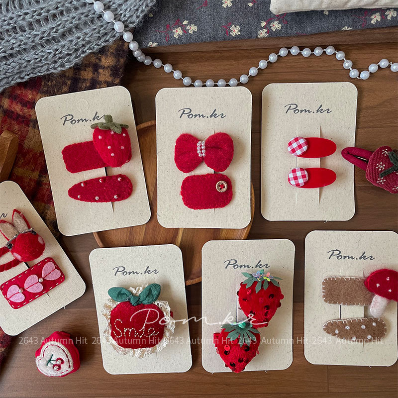 Nuevo coreano colección otoño invierno rojo atado paño mano hacer horquilla niño dulce par montado lateral pelo roto pinza pinza accesorios para el pelo Pom.kr rojo atado horquilla set fresa conejo manzana seta otoño dulce dulce adolescente details Picture