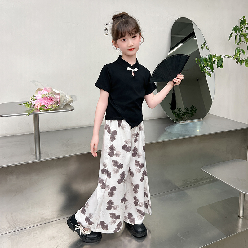 Girls' Chinese-style short-sleeved T-shirt, wide-leg pants, summer style with buttons, new Chinese-style Chinese-style set, thin and breathable for children Specification image