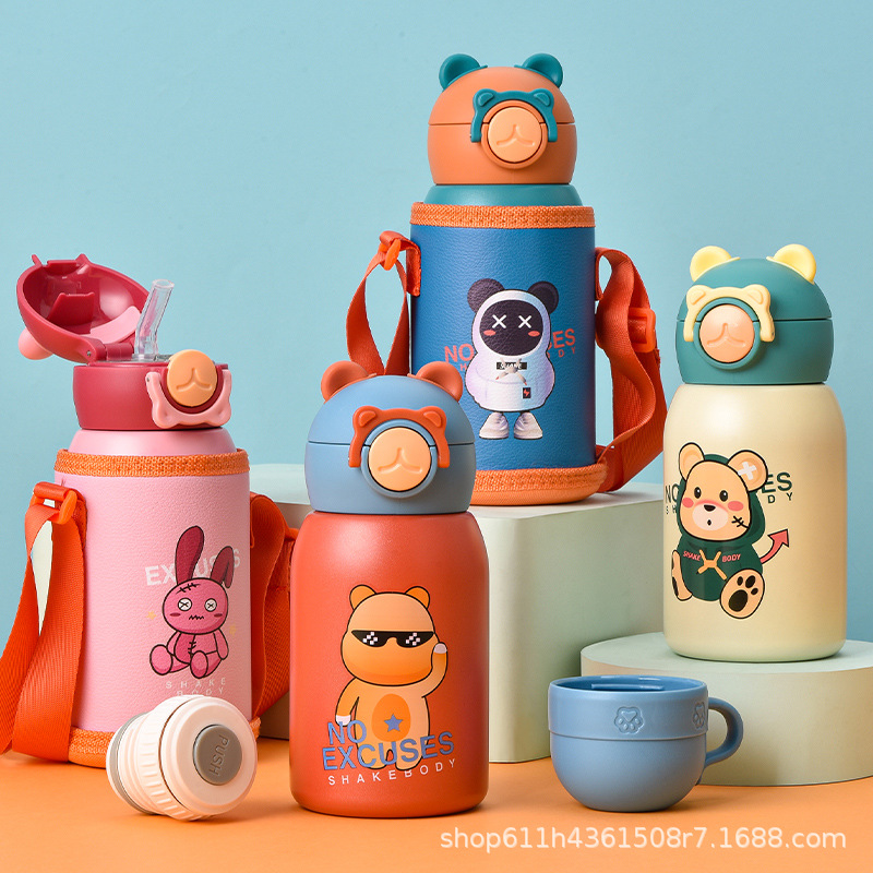 希泰熊头盖儿童保温杯一杯三盖学生吸管水杯316不锈钢保温壶包邮