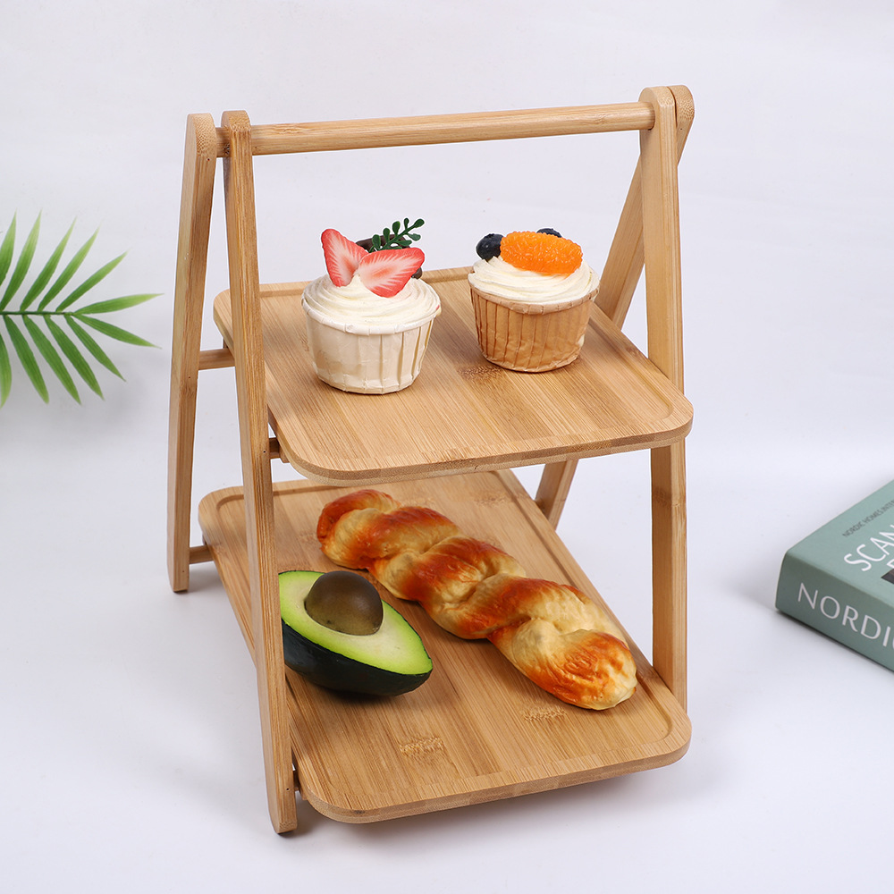 Double-layer bamboo and wood shelf, fruit cake, bamboo layered display rack, afternoon tea, dessert, sushi tray, pastry rack details Picture