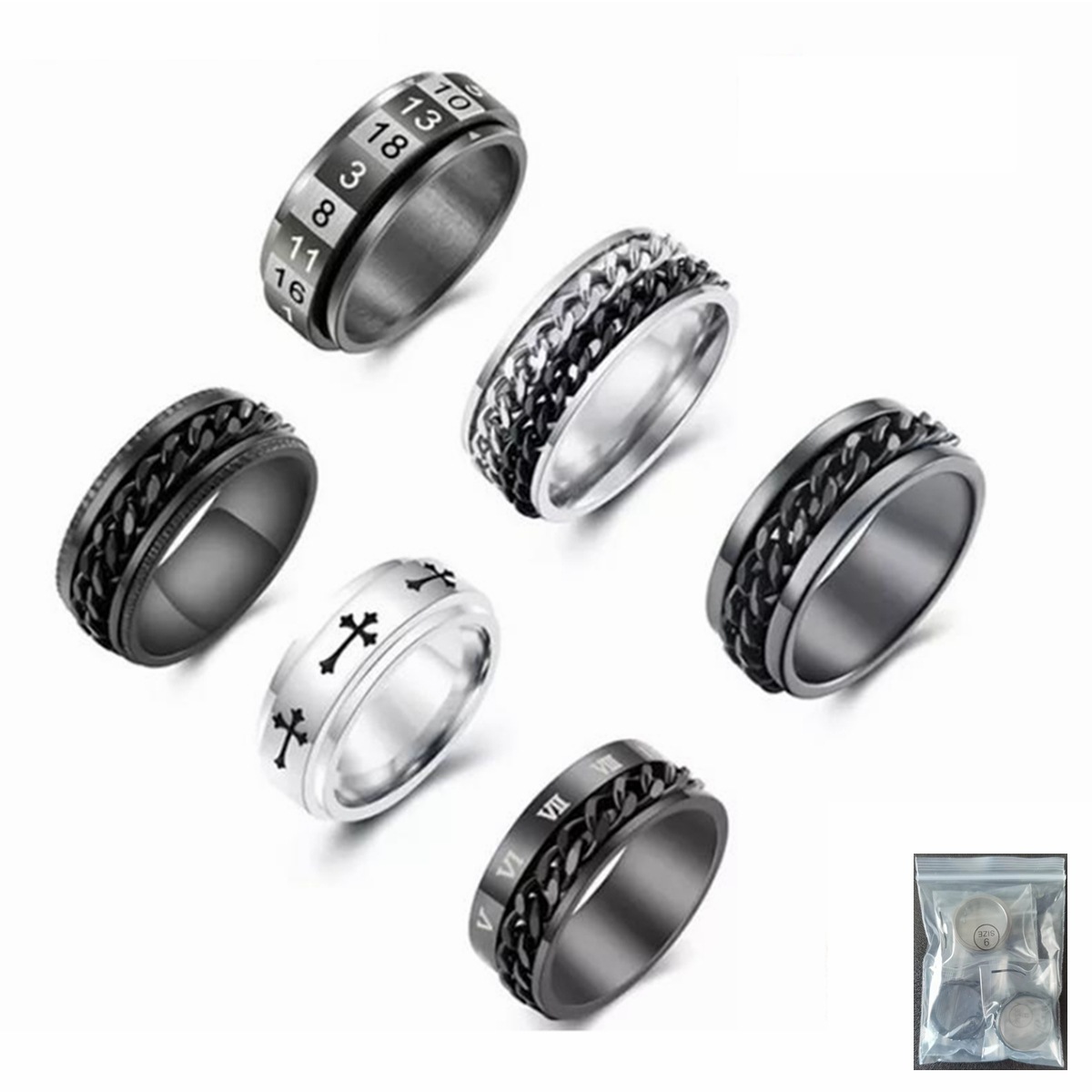Wholesale of new 6-piece sets of jewelry from Amazon in Japan and South Korea, including chain-rotating titanium steel rings and stress-relieving rotating hand rings