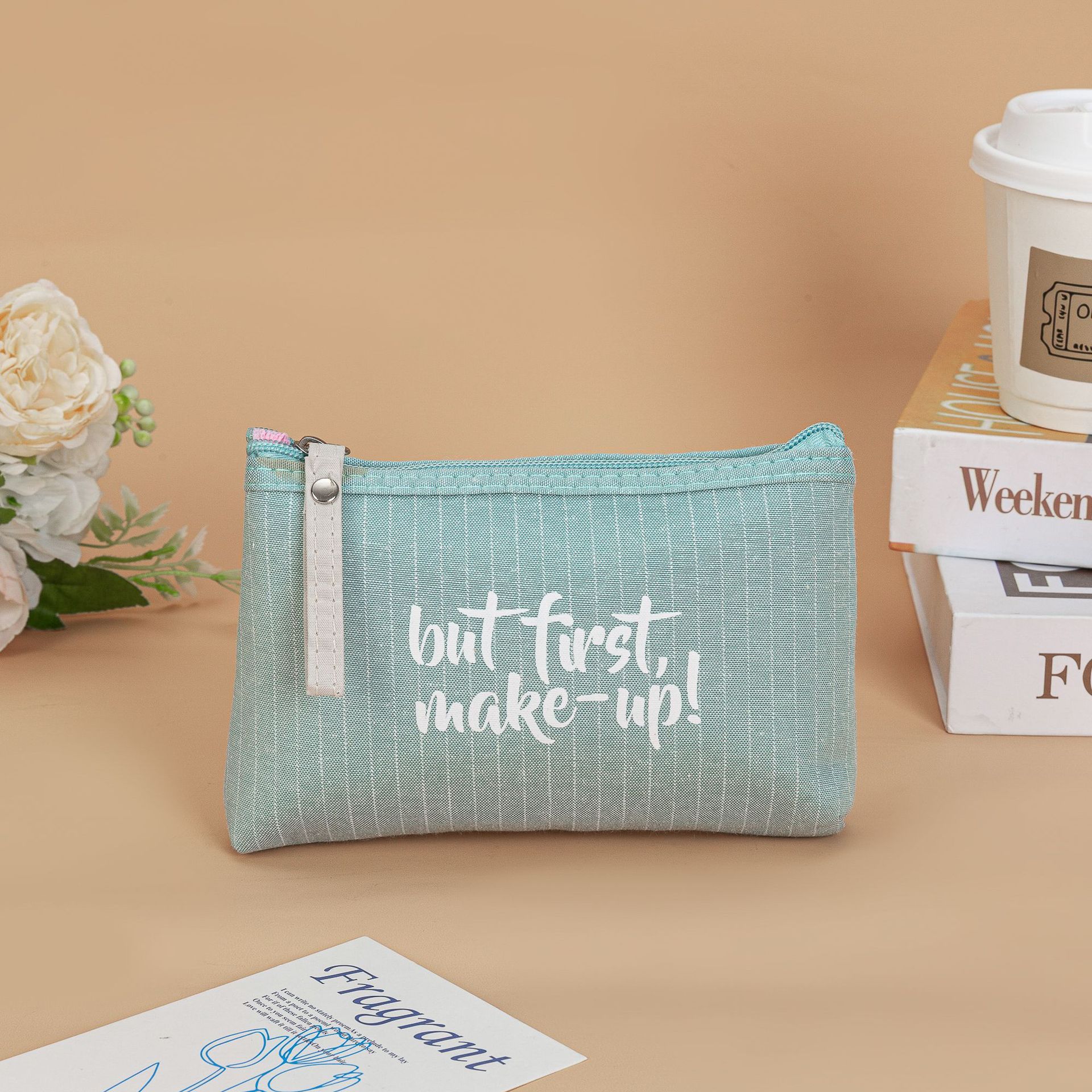 New portable English letter women's zipper makeup bag, travel toiletries storage bag and coin purse details Picture
