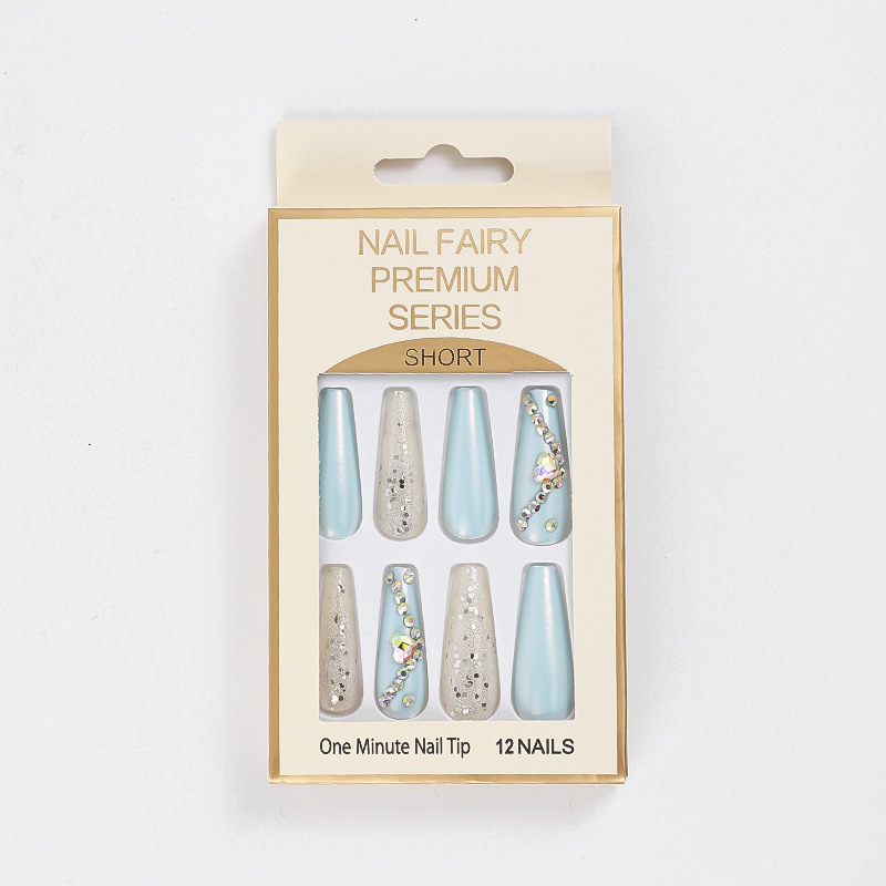 Cross-border long T-shaped false nail, glitter and sequin nail art, colorful artificial rhine-dotted ballet nail, wearable nail wholesale Item Picture