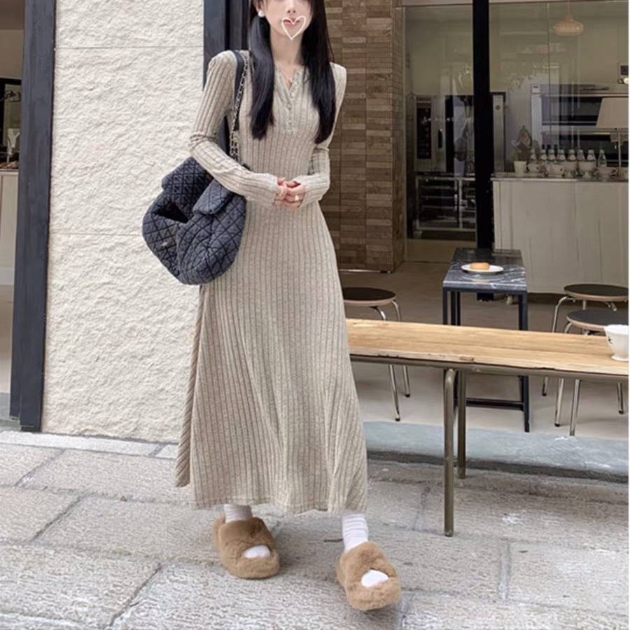 Retro, simple and versatile knitted long-sleeved dress for women, spring waist-cinching and slimming A-line dress, new autumn and winter base long dress details Picture