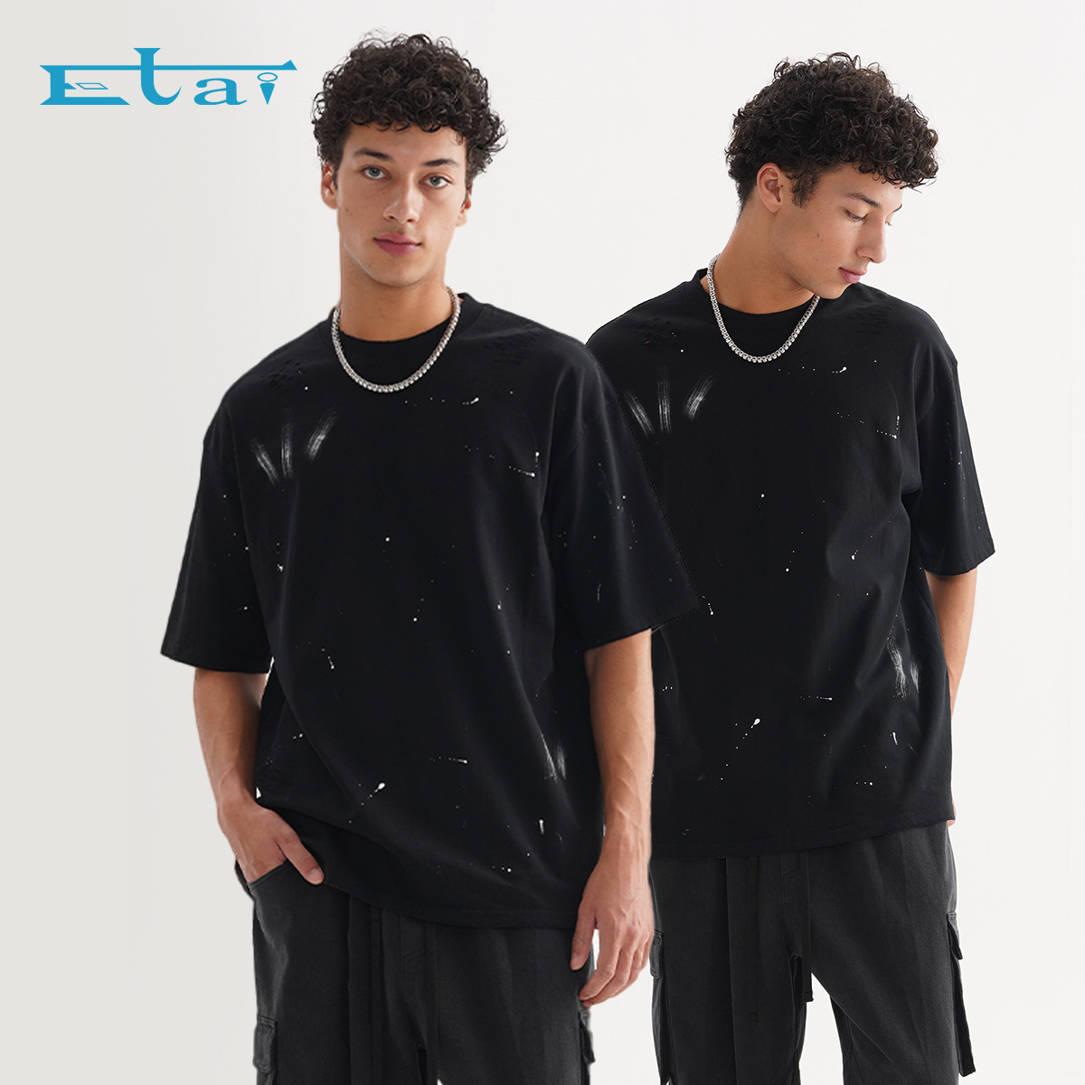 ETAI Men's Wear: 280g Heavyweight pure cotton polka dot short-sleeved European and American trend retro loose men's T-shirt