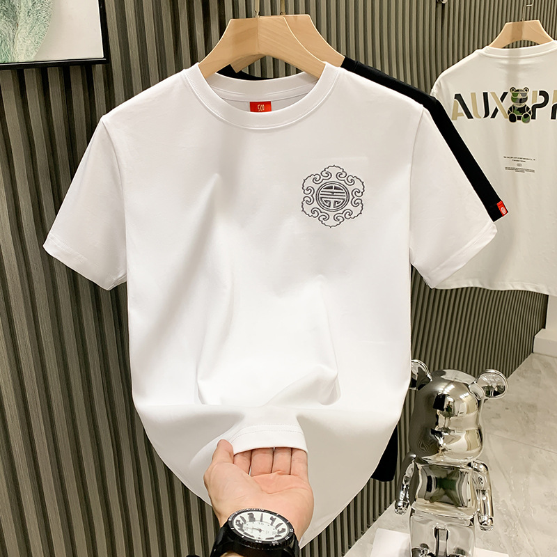 The new short-sleeved T-shirt for men in the summer of 2024 for the European station of the streetwear brand, featuring heavy industry Qilin embroidery, is a half-sleeved shirt for young people details Picture