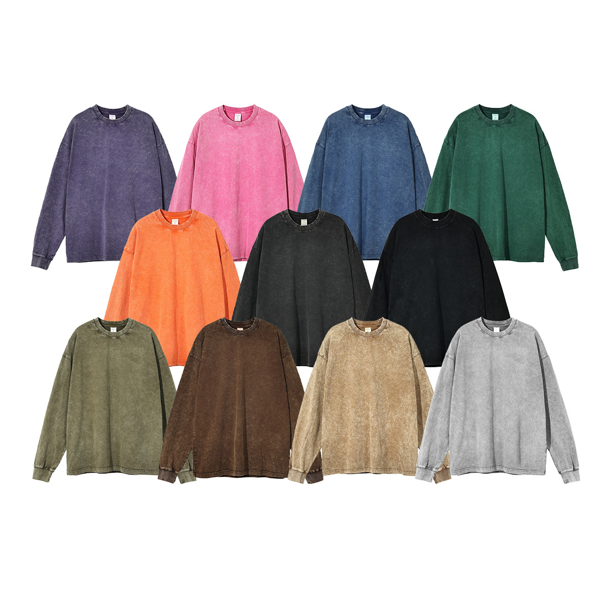 A new 250-gram T-shirt with stir-fried snowflakes from a trendy brand for autumn and winter. It is a solid-color, pure cotton washed and aged men's long-sleeved T-shirt with a European and American base Item Picture
