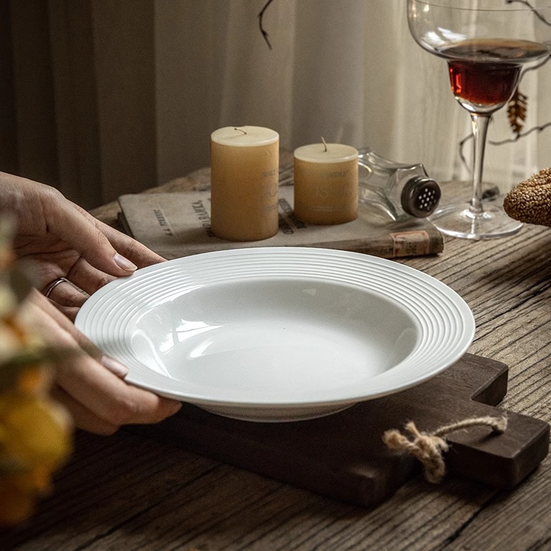 Ins-style simple threaded Western plates, high-end household tableware, straw hat plates, vegetable plates, soup plates, dinner plates, deep plates Specification image