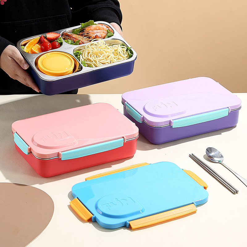 Large-capacity four-compartment stainless steel lunch box, Japanese-style non-cross-flavor compartmentalized student and office worker sealed lunch box with rice