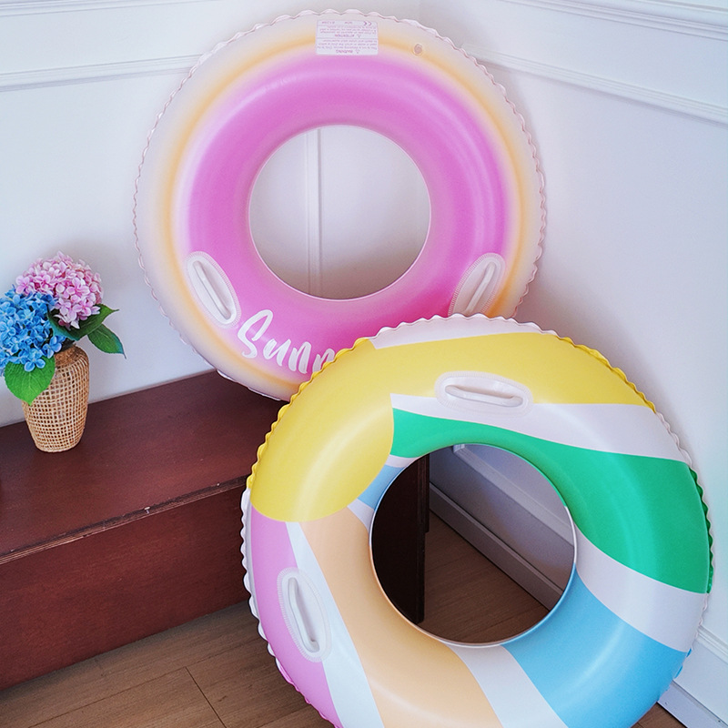 Gradient color adult swimming ring, enlarged and thickened handle, inflatable underarm ring, macaron-style women's rescue ring