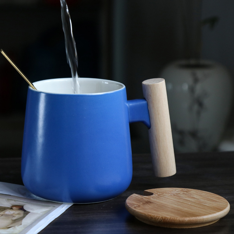 北欧木把手柄1314情侣陶瓷马克杯带盖勺咖啡杯水杯广告礼品logo细节图