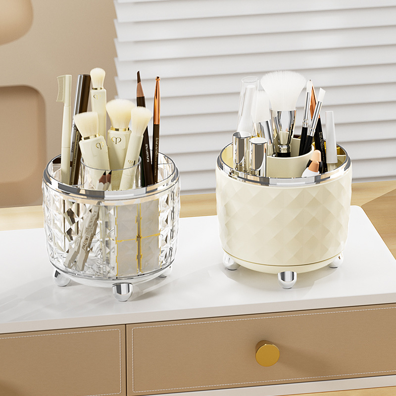 Makeup brush storage box, rotating desktop, cosmetics and lipstick storage, dressing table, compartmentalized dust-proof storage cylinder, shelf Application Scenario