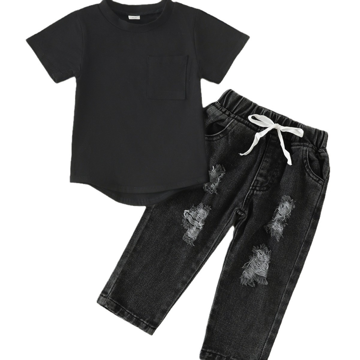 跨境外贸春秋儿童宝宝纯色圆领短袖T恤+破洞牛仔长裤套装