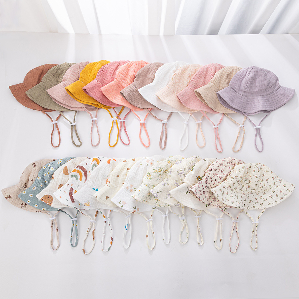 跨级新款婴儿纯棉盆帽欧美宝宝印花渔夫帽双层纱布透气遮阳渔天帽