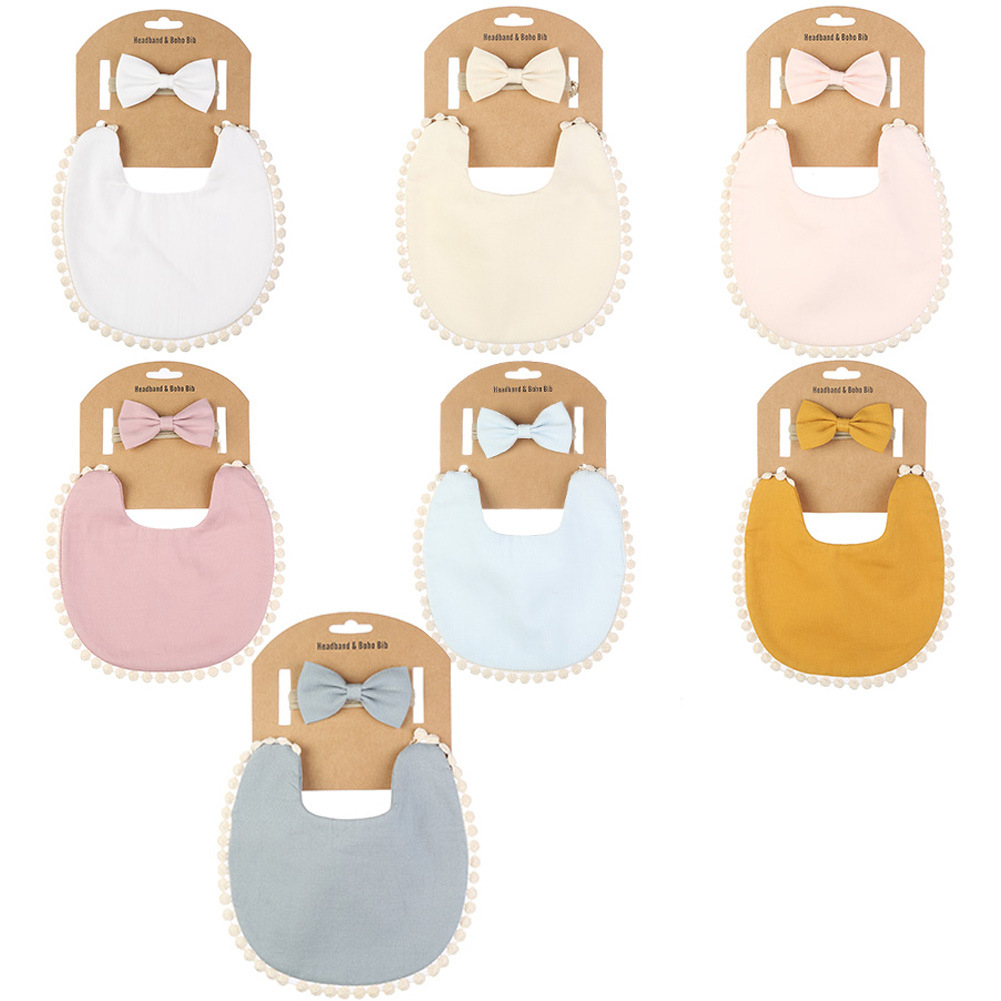 跨境新款宝宝纯色花边口水巾婴儿防吐奶儿童围嘴兜蝴蝶结头带套装白底实物图