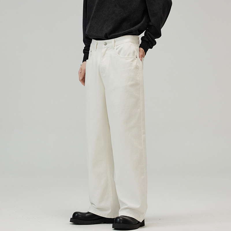 Men's wear # Basic, simple and versatile solid-colored jeans, men's high-end, drape, wide-leg, straight-leg casual pants details Picture