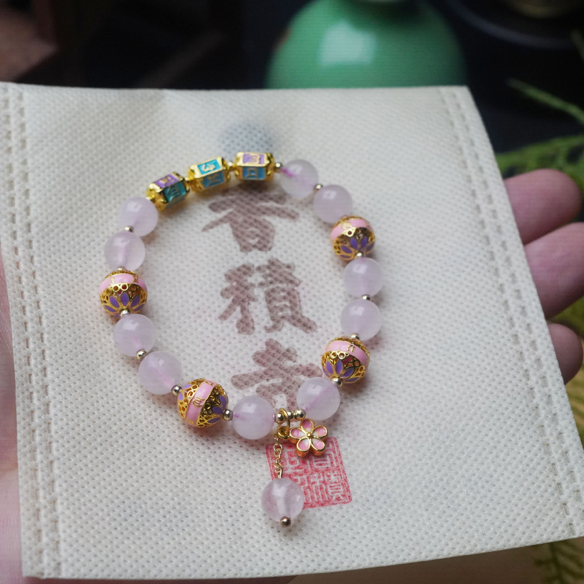 Natural rosa cristal cloisonne brazalete mujer esmaltado cubo cuentas flores colgantes cristal mancuernas premium sense accesorios