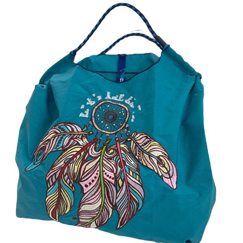 New feather embroidery eco-friendly bag, large-capacity nylon crossbody, foldable portable hand-held shopping bag, single-shoulder bag Item Picture
