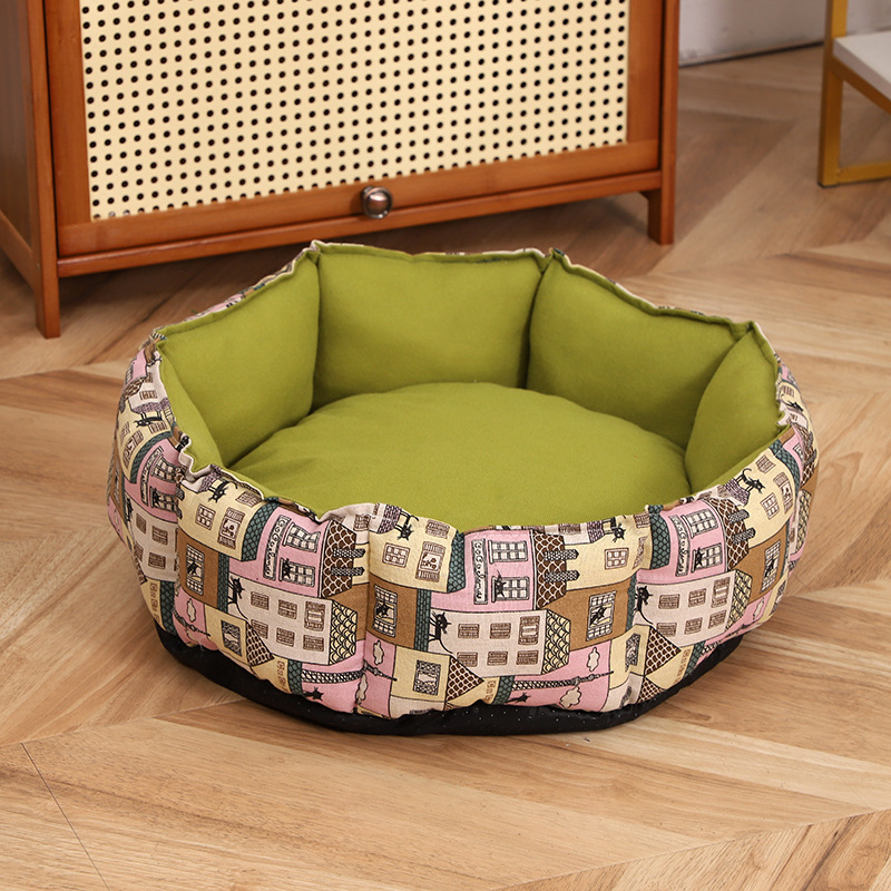Wholesale of new thickened cotton pet beds, cross-border breathable linen pet beds, round octagonal anti-slip pet beds details Picture