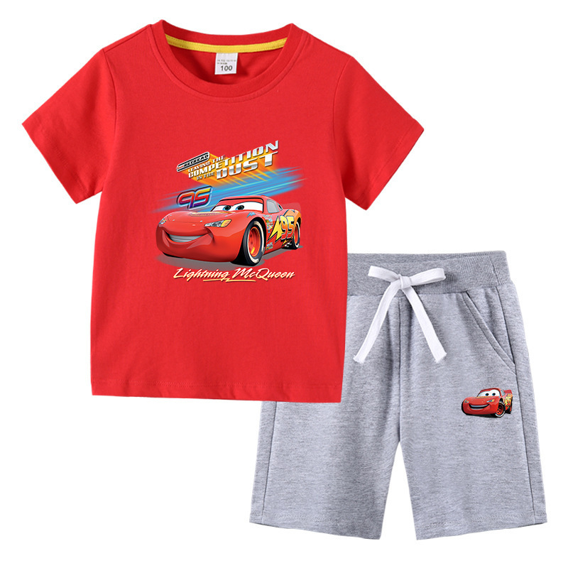2023 Summer New Lightning McQueen Children's Wear ins Korean Version Cotton Children's short-sleeved and mid-length Pants two-piece set