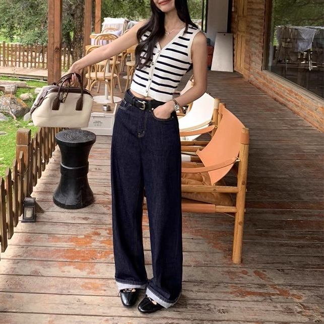 pusumed vintage wide-leg jeans for women in autumn, loose and slimming, straight-leg, floor-length pants Application Scenario