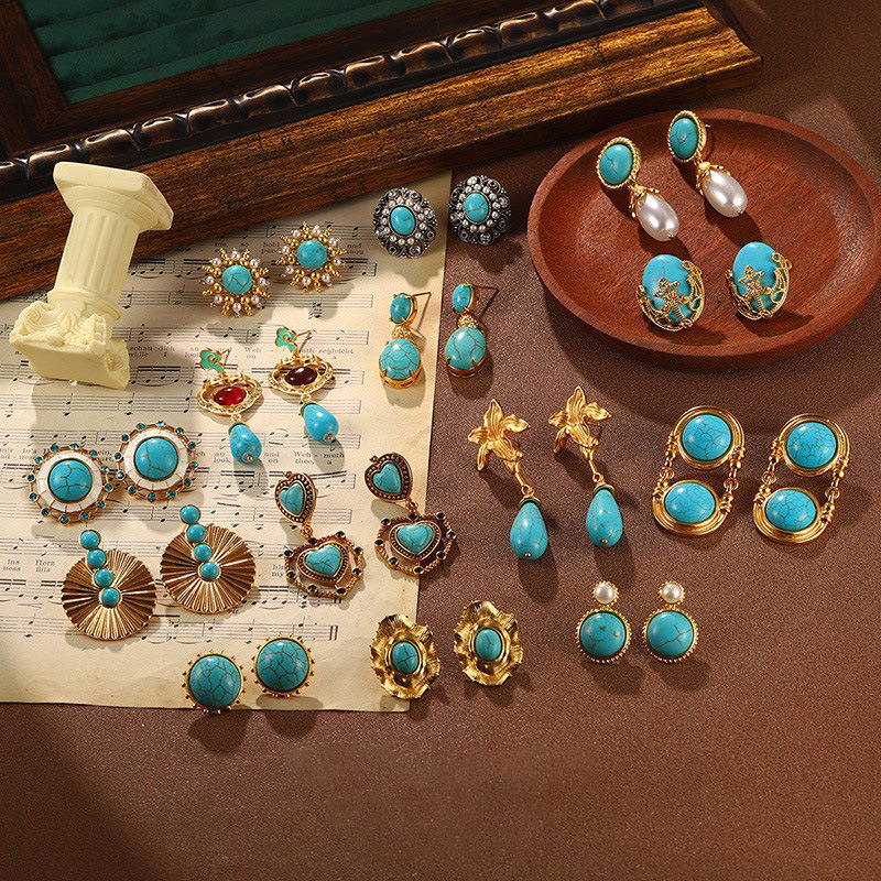 欧美跨境绿松石耳环亚马逊热销几何中古vintage耳饰925高级感新款