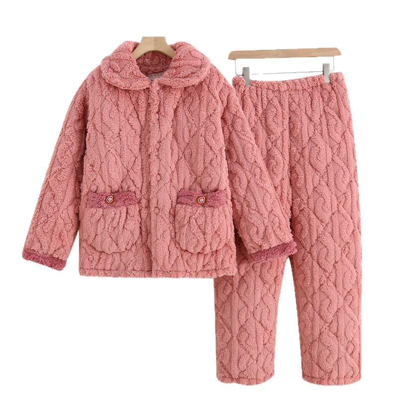 中老年妈妈冬季睡衣女三层加绒加厚夹棉珊瑚绒保暖家居服外穿套装白底实物图