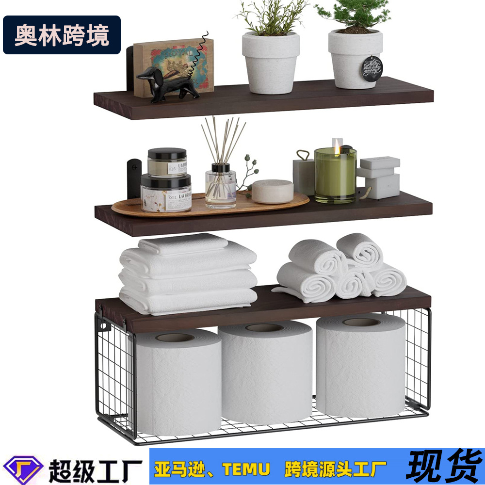Cross-border wooden wall-mounted suspended rack, multi-layer floating partition rack on bathroom wall, wooden toilet with paper storage basket