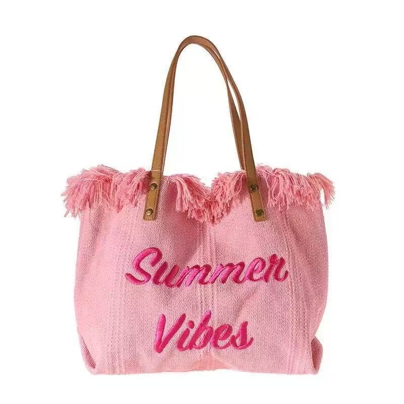 Cross-Border Canvas Bags, Fringed Beach Bags, Travel Tote Bags, Fashionable And Simple Fringed Bags, Large-Capacity Single-Shoulder Bags, Trendy Tote Bags, Women's Canvas Bags