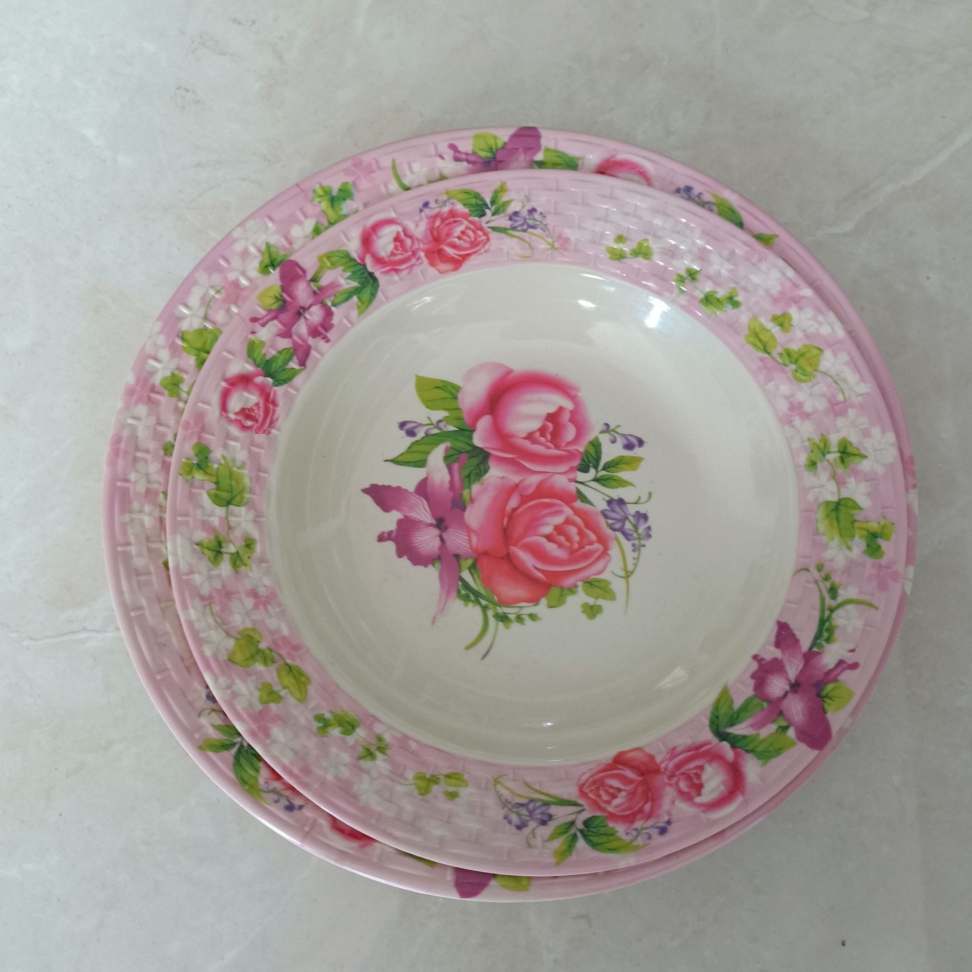 新款9寸10寸竹编盘印花美耐皿塑料圆盘外贸出口密胺餐具