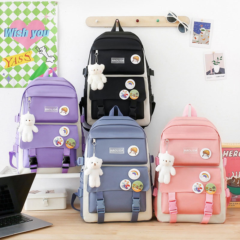 Wholesale of four-piece backpacks, large-capacity five-piece backpacks with LOGO printing, Korean version Harajuku style set, student schoolbags details Picture