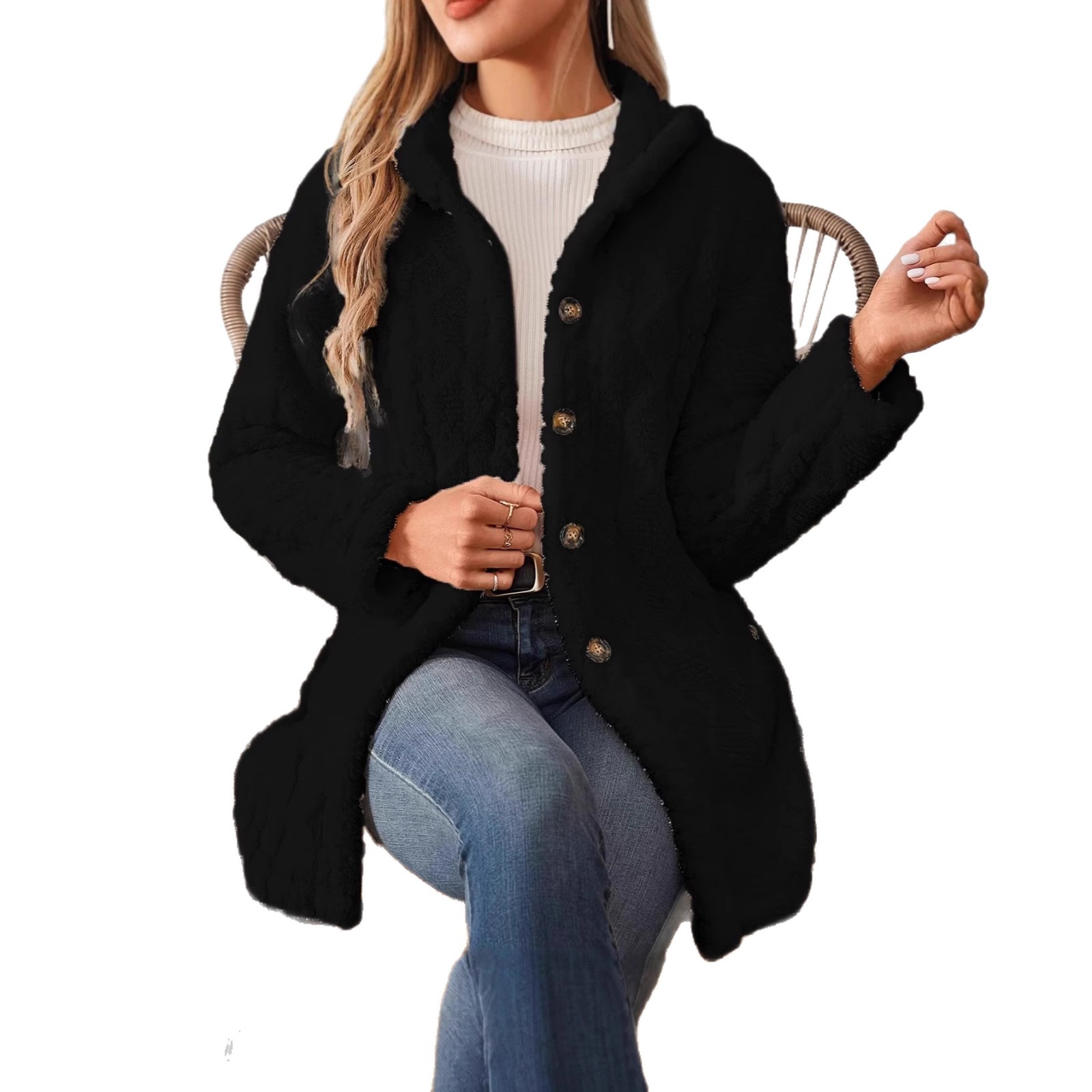 2025 Cross-border new style European and American button front hooded jacket Teddy casual warm long jacket Item Picture