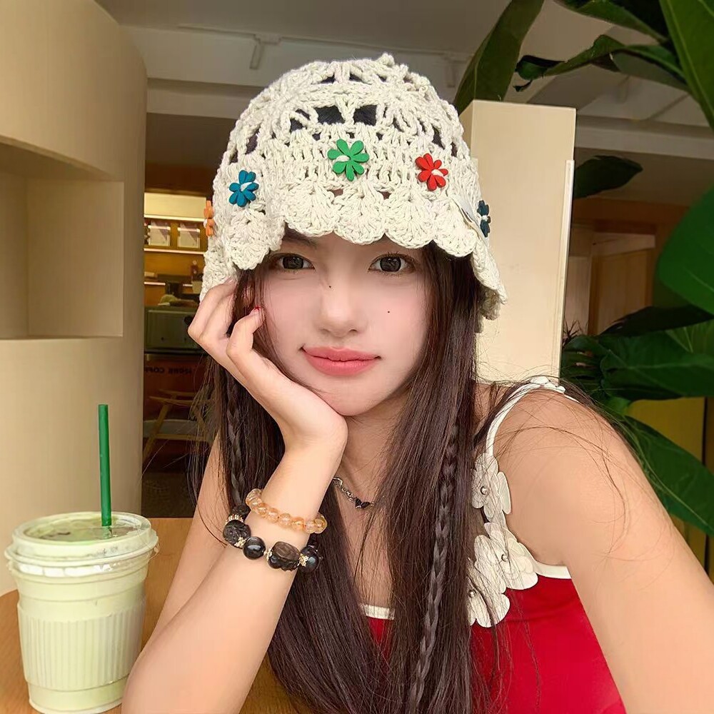 Verano calado gancho de la mano de punto gorro mujer hecho a mano tejido con flecos con cuentas muestra de la cara pequeño sombrero artístico vintage Specification image