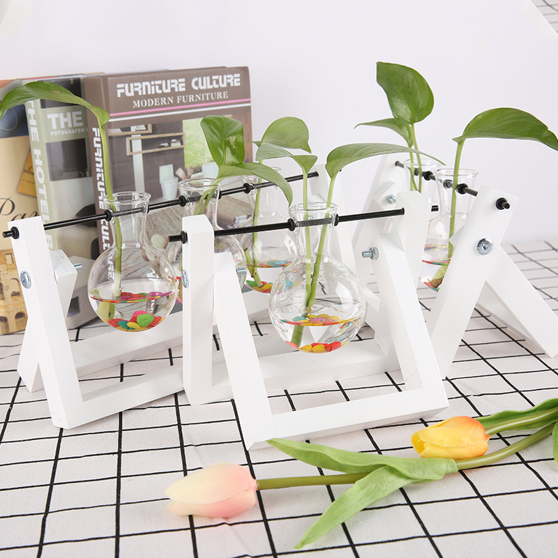 秋千支架花瓶玻璃圆球水培瓶实木支架悬挂植物花瓶桌面小摆件白底实物图