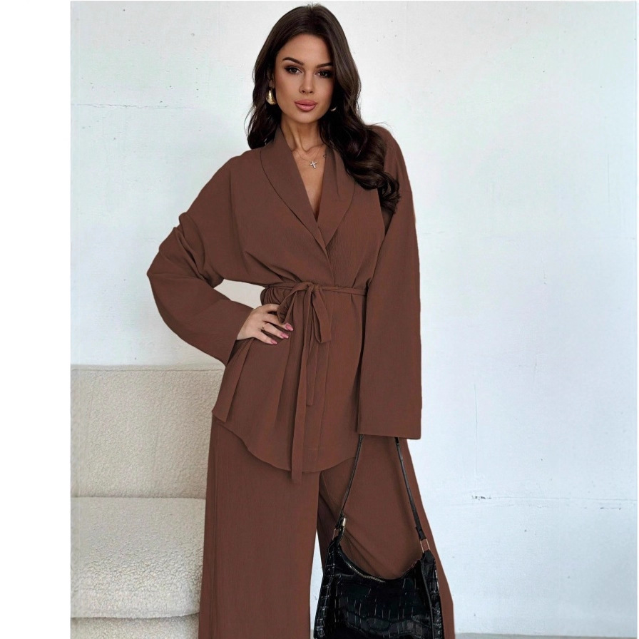 2026 Autumn/Winter collection of European and American Amazon cross-border fashion V-neck women's wear, elegant long-sleeved and wide-leg pants set details Picture