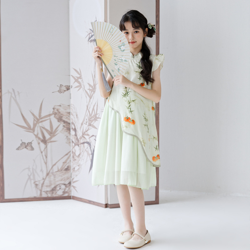 New Chinese-style cheongsam summer Chinese style girl green puffy gauze dress printed Tang suit children's dress details Picture