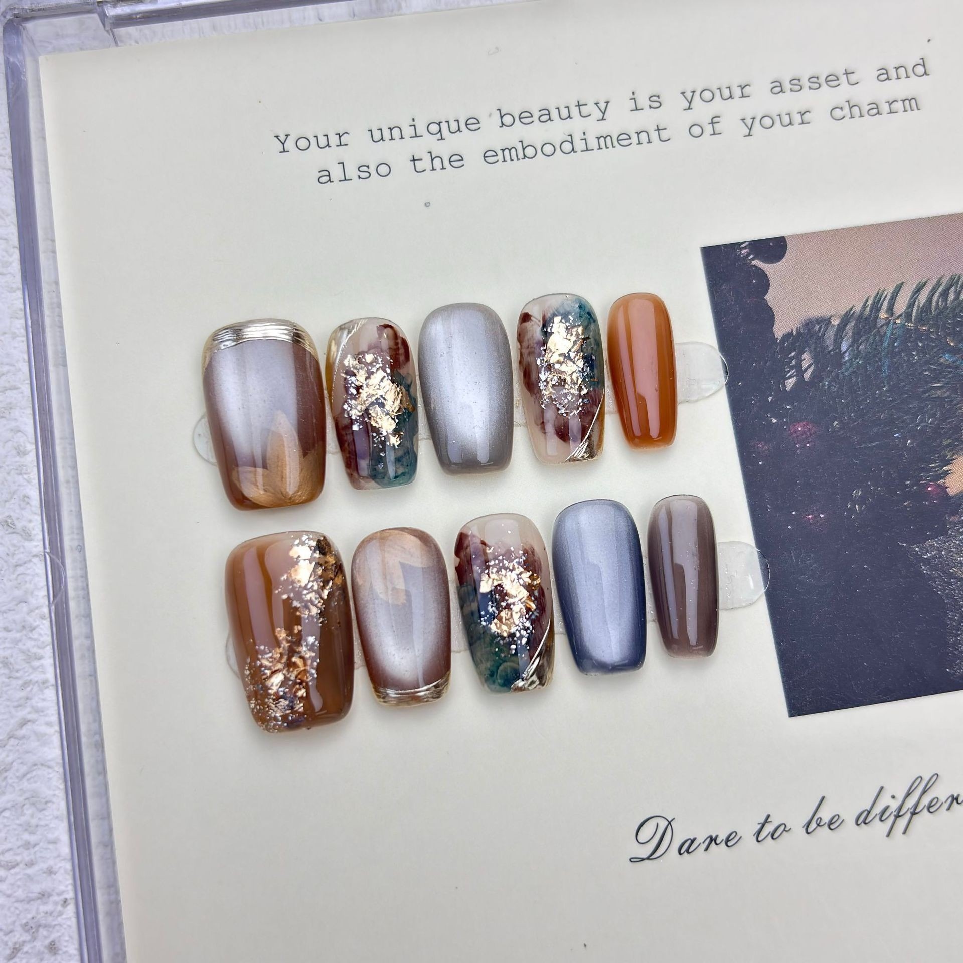 浪漫土星】纯手工显白焦糖晕染玻璃珠猫眼复古高级感穿戴甲批发产品图