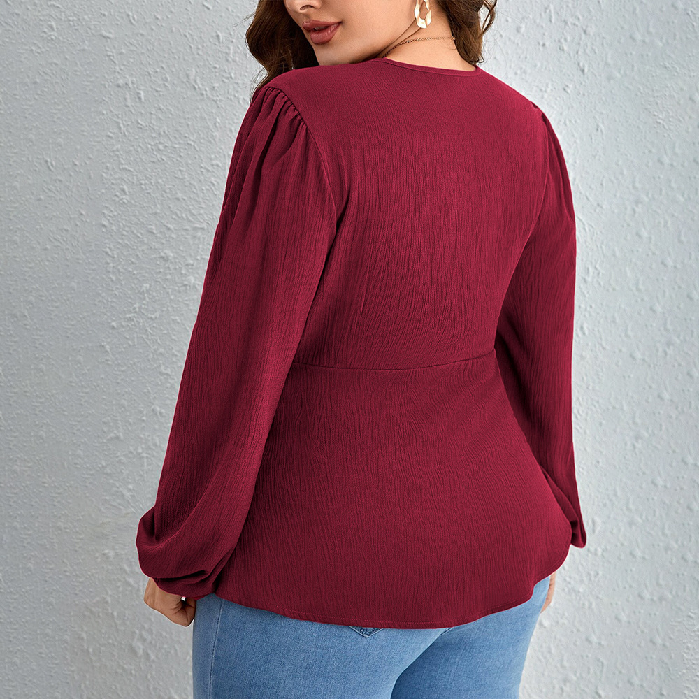 2024 International Station Cross-border plate-size women's wear V-neck T-shirt with a mature and ladylike style, fashionable and youthful wine red top for autumn and winter Application Scenario