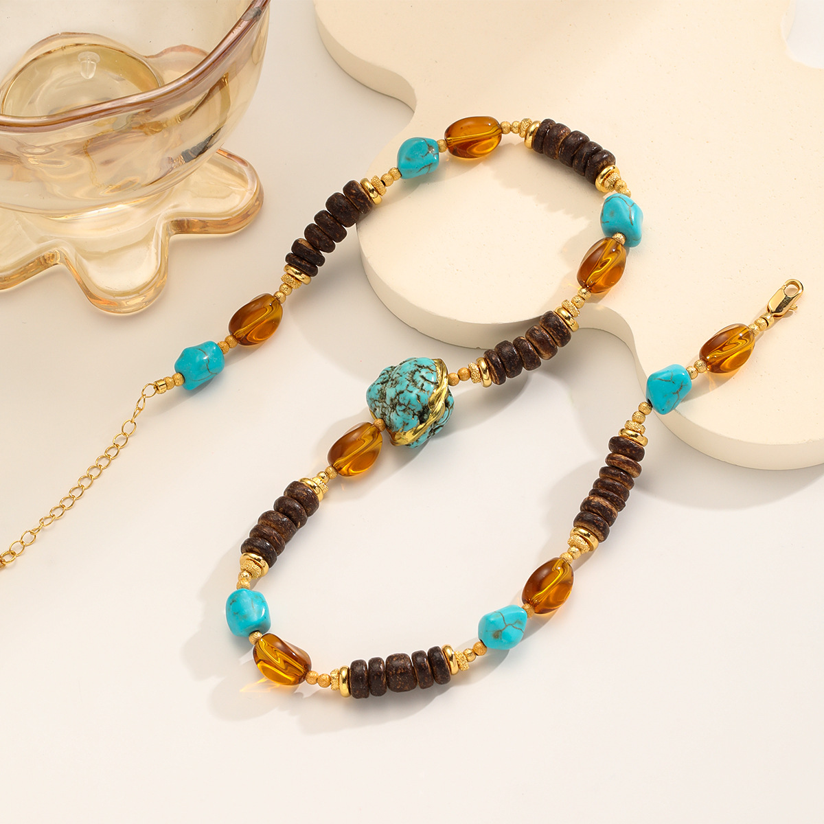 Nasha Cross-border Exclusive Maillard Wind Natural Stone Turquoise beaded Necklace, non-fading necklace, light luxury high quality details Picture