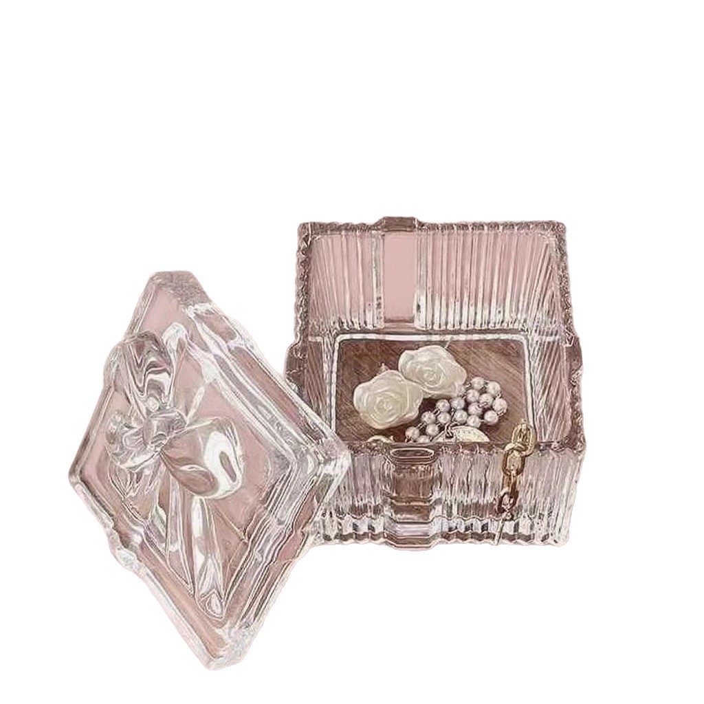 Creative retro bow heart-shaped jewelry box with glass lid, exquisite home dressing table, necklace and accessory storage box Item Picture