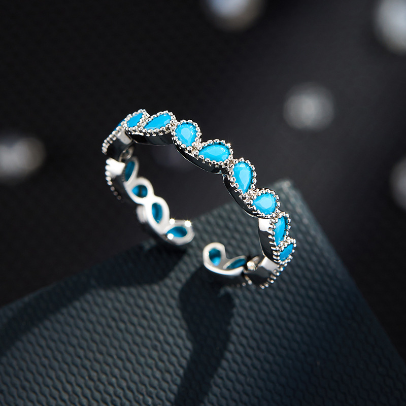 Francés ligero lujo azul turquesa corazón anillo abierto aleación de cobre con zirconia anillo de dedo índice ajustable niche anillo de dedo versátil