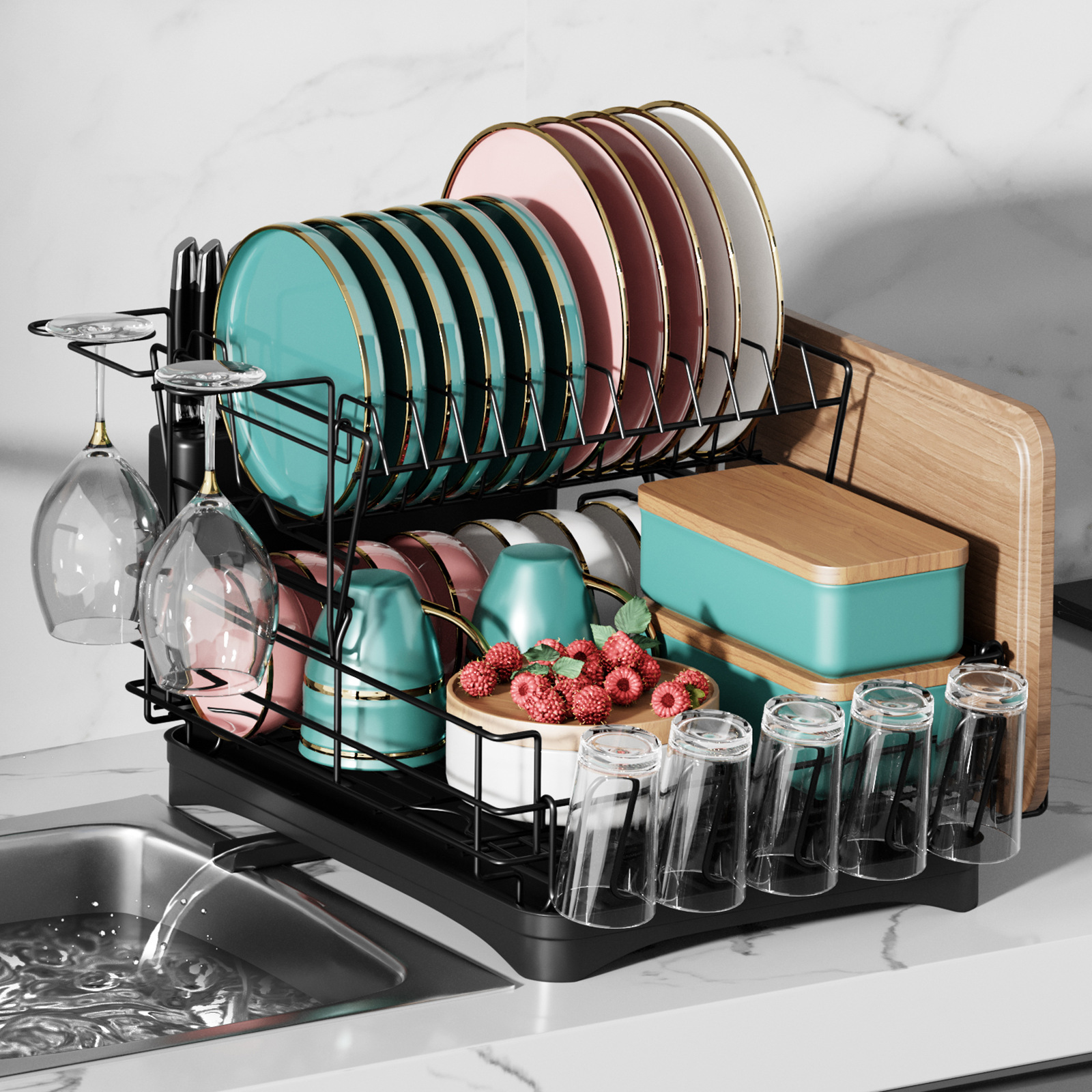 Cross-border Amazon bowl and plate draining rack, double-layer multi-functional bowl and chopstick storage rack, household kitchen water cup storage rack Application Scenario