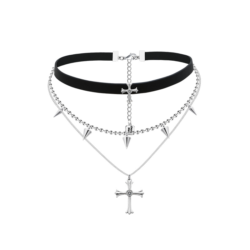 ins dark leather neck chain, sweet and cool girl choker collar, unique hip-hop cross layering collarbone chain Item Picture