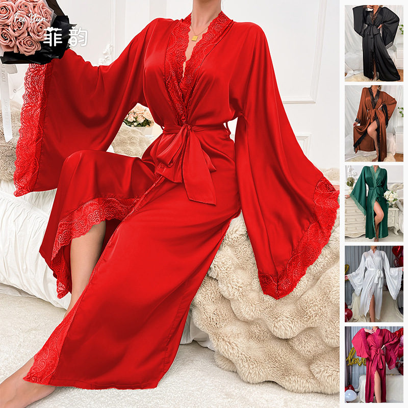 New cross-border satin long pajamas, women's lace light luxury long-sleeved cool bathrobe, bathrobe and home wear, women's 336